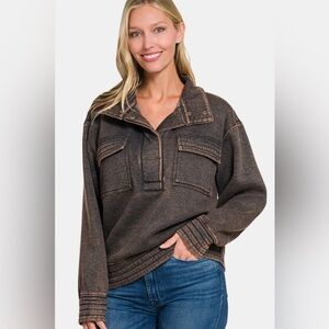 Zenana Acid Washed Half Snap Fleece Sweatshirt - Ash Black